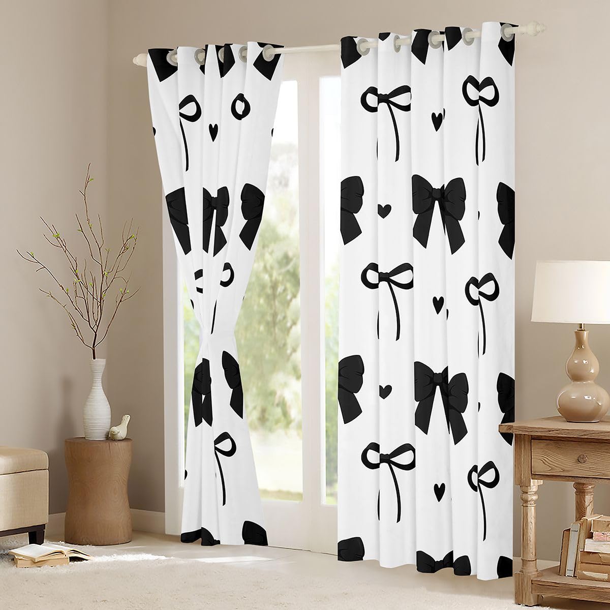 Homewish Dziewczęca kokardka czarna księżniczki zasłony okienne 168 x 183 cm, 2 zestawy paneli - Kawaii zasłony zaciemniające miłość serca zasłony okienne zasłony urocza wstążka kokarda