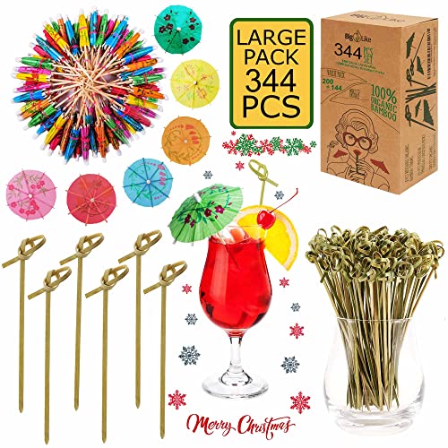 344 Pcs Set - 144 Drink Umbrellas and 200 Bamboo Knot Picks 6" - Appetizer skewers, Cocktail Umbrellas for Drinks, Toothpicks for Appetizers, Tiki Drink Umbrellas, Cocktail Picks