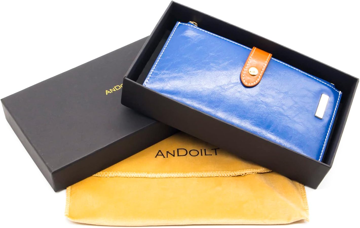 ANDOILT Wallet Women Men RFID Blocking Genuine Leather Bifold Multi Card Organizer Wristlet Purse with Zipper Pocket Cell Phone Handbag Blue