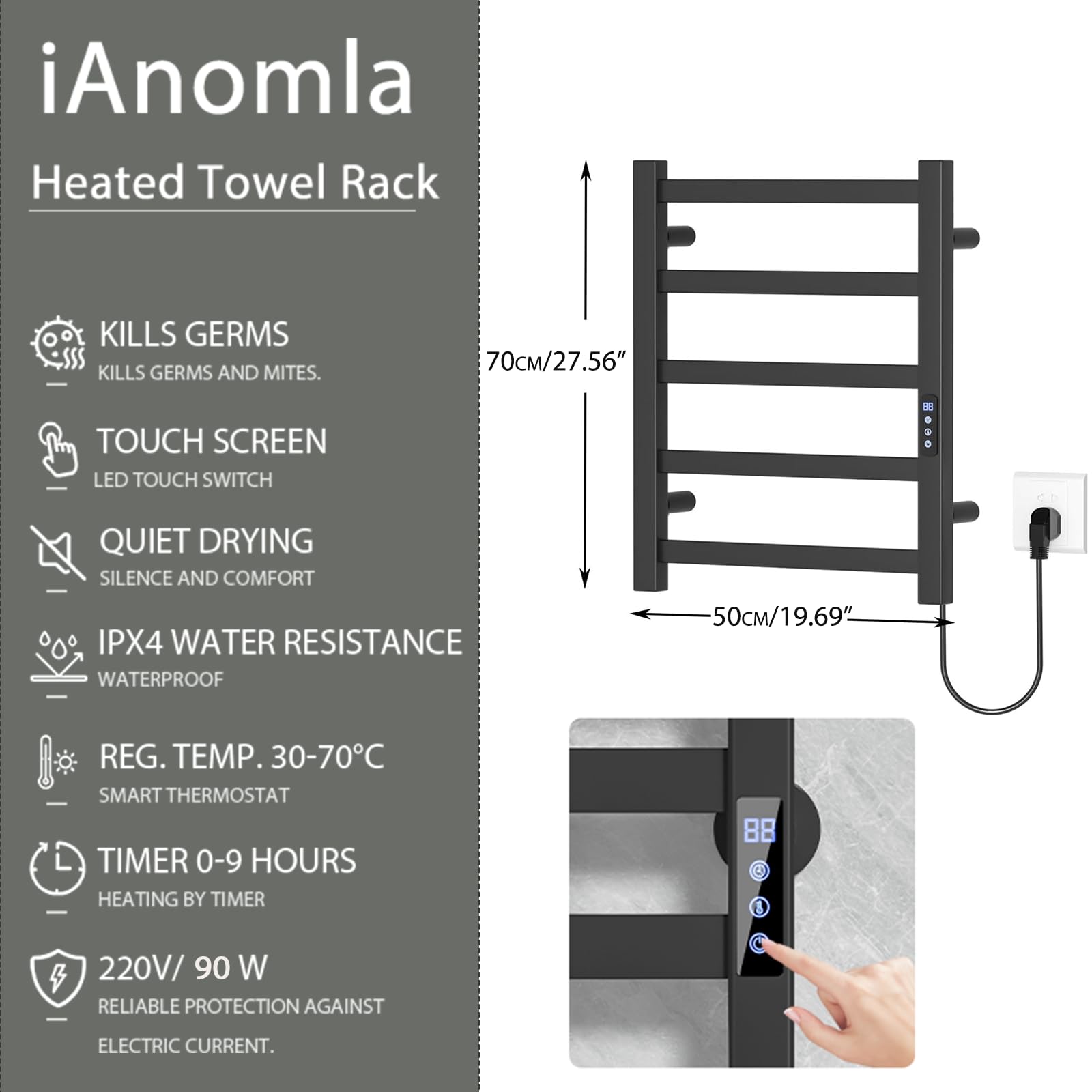 Scaldasalviette elettrico nero 700 x 500 mm con touch screen LED, scalda asciugamani a tempo e temperatura regolabile