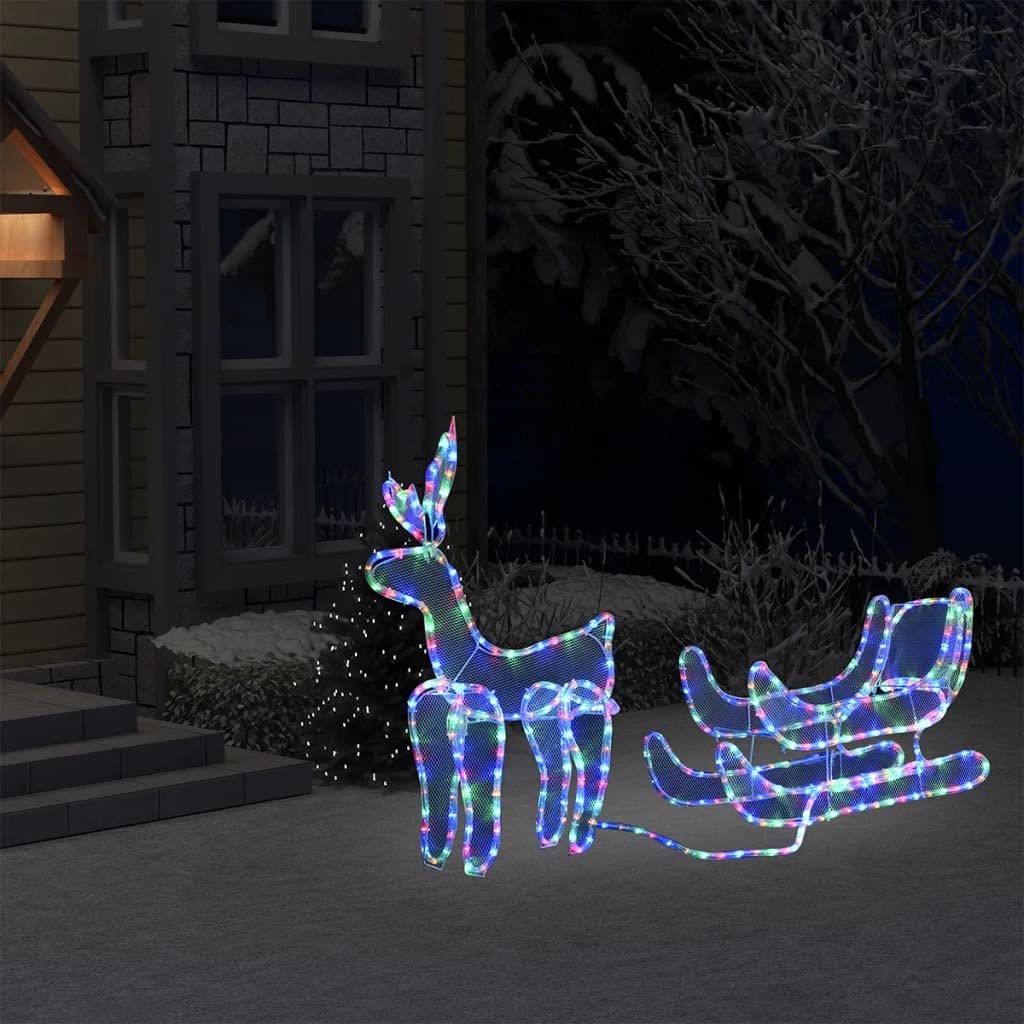 LED-Rentier Weihnachtsdeko mit Schlitten 432 LEDs Mehrfarbig PVC Stahlrahmen 120x63 cm wetterfest für Außen Innen Garten Balkon Festliche Beleuchtung