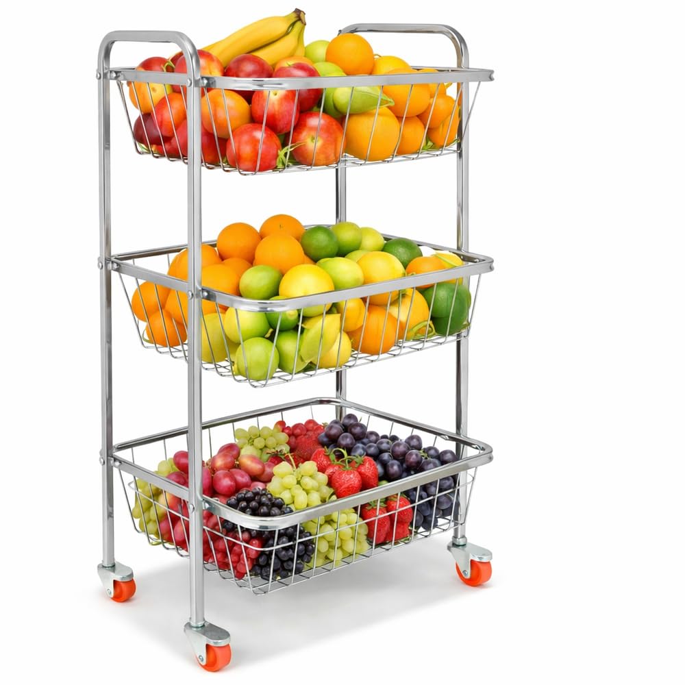 Popular 3 Layer Stainless Steel Portable Modern Fruit Vegetable Stand Basket Drainer Kitchen Rack Trolley-image-9
