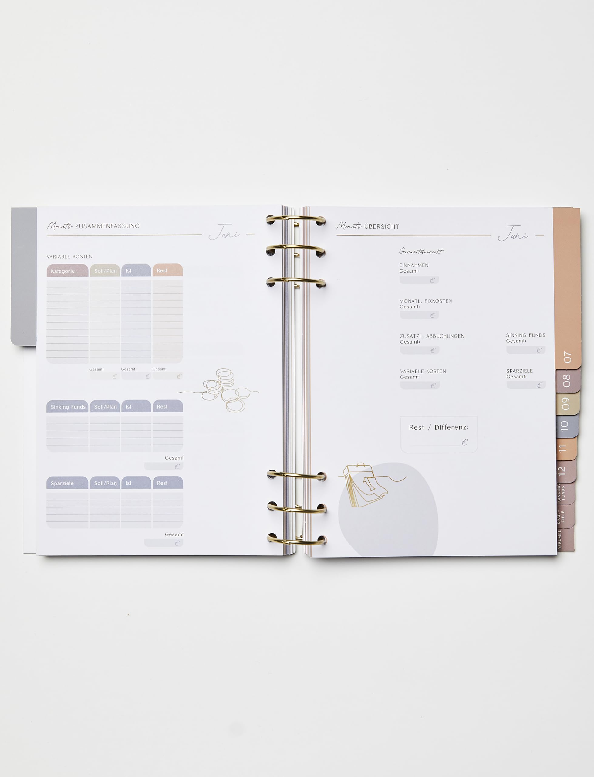 Moneyglow® Mein Budgetplaner A5 deutsch I 310 Seiten I goldene Ringe zum Öffnen I Seiten immer wieder austauschbar I Register I Illustrationen I satiniertes Schreibpapier I undatiert