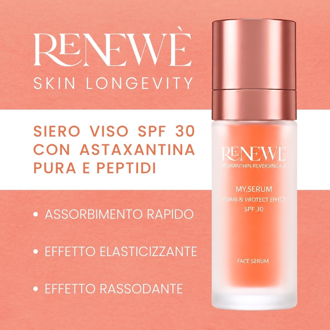 Renewè MY.SERUM, Siero Viso Astaxantina Pura SPF 30 Antiage Antiossidante - Protegge, Idrata e Rimpolpa - Con peptidi Vitamina C ed E - 30 ml