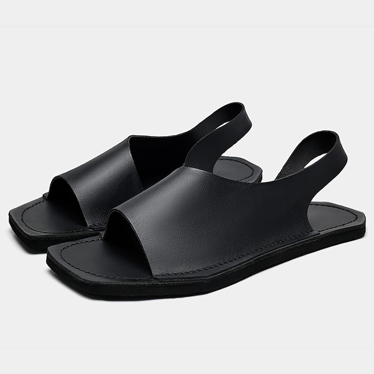 Men's Genuine Leather Flat Slides Sandals Classic Round Open Toe Slip On Non Slip Outdoor Casual Slippers Summer Lightweight Beach Sandals