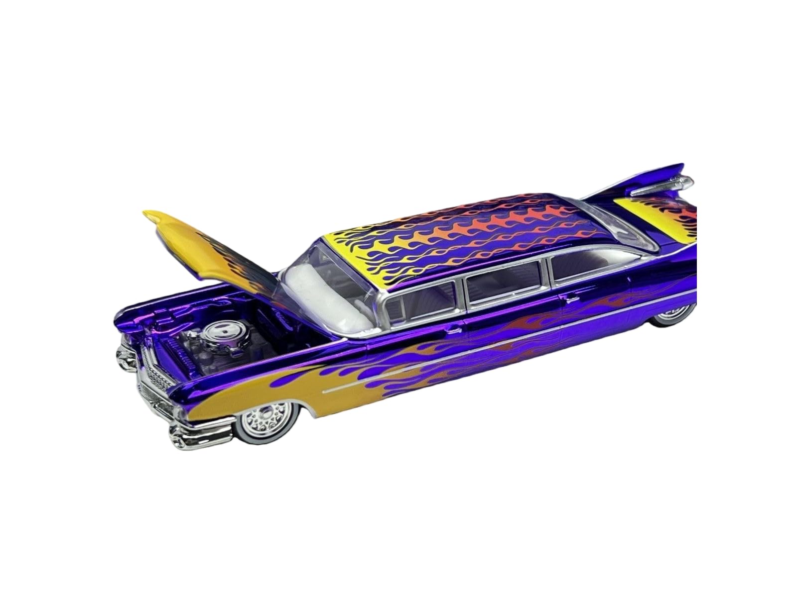 1959 Series 62 Limousine Diecast Model Car, 1:64 Scale, Purple with Flame Graphics, Opening Hood, Display Case Included (Purple)