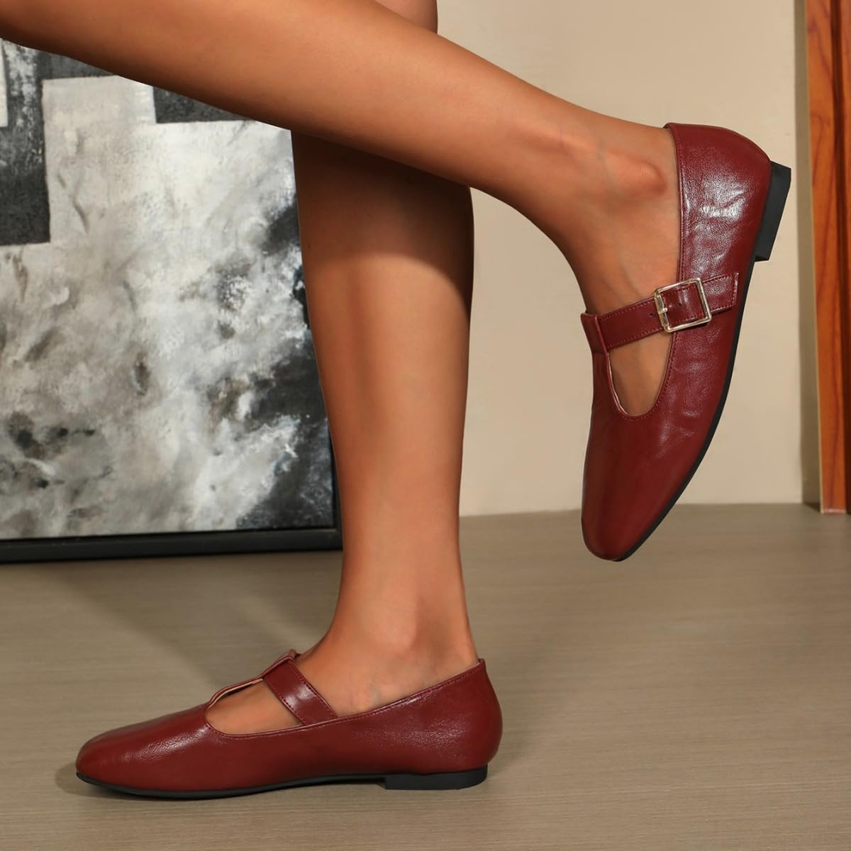 Mary Jane - Ballerine classiche da donna, con cinturino a T, comode, in poliuretano, a punta, da lavoro, eleganti