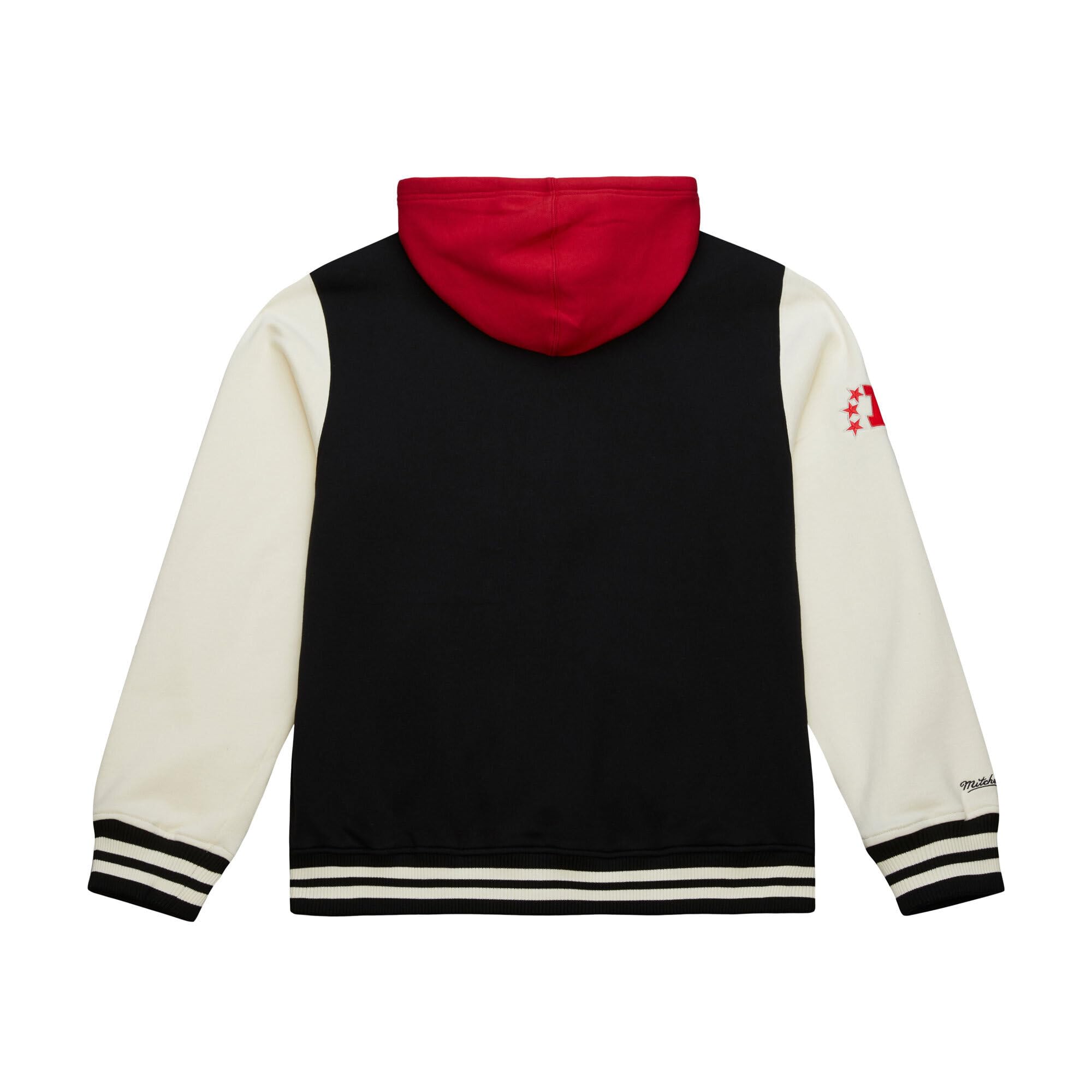Mitchell & Ness Courtside Fleece NFL Vintage College Jacke mit Kapuze, farblich abgesetzte Ärmel, Druckknopf Verschluss, Herren, Frauen, Kinder, Unisex, Frühling, Sommer, Herbst, Winter