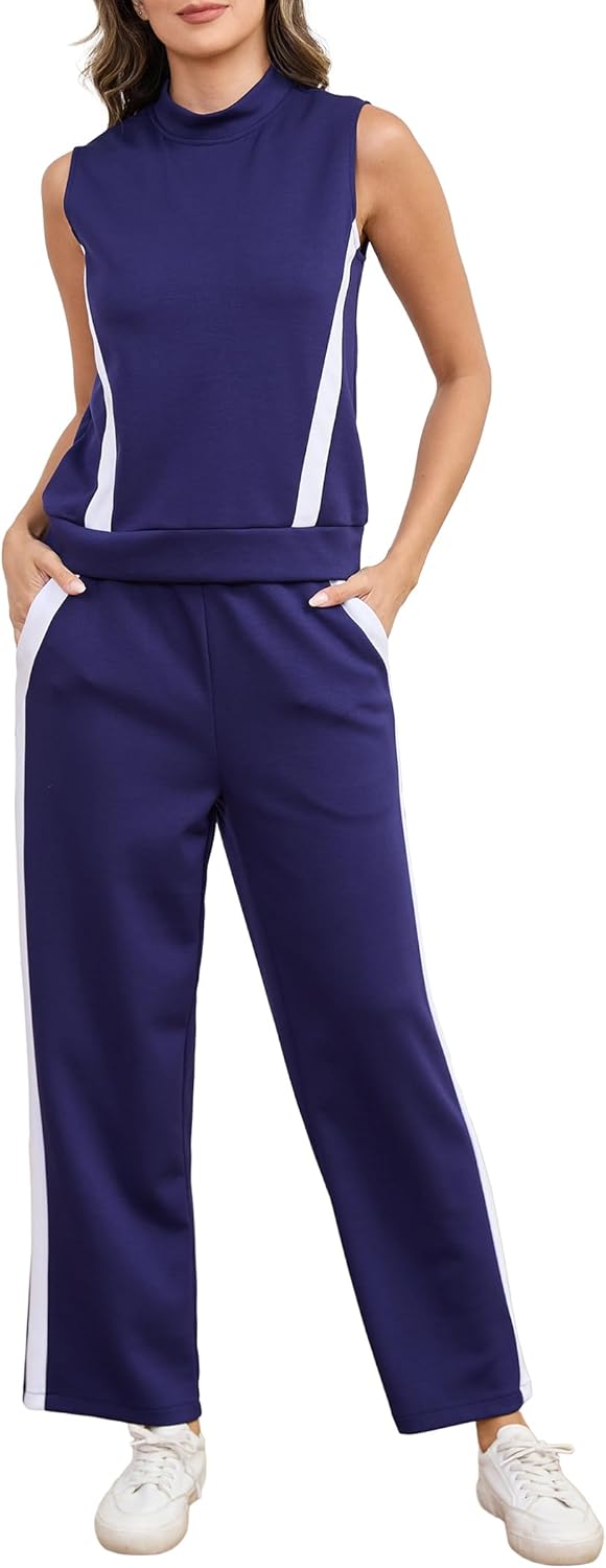 2 Piece Sets for Women Summer Outfits Lounge Sets Mock Neck Wide Leg Pants Stripes Casual Loungewear Tracksuits