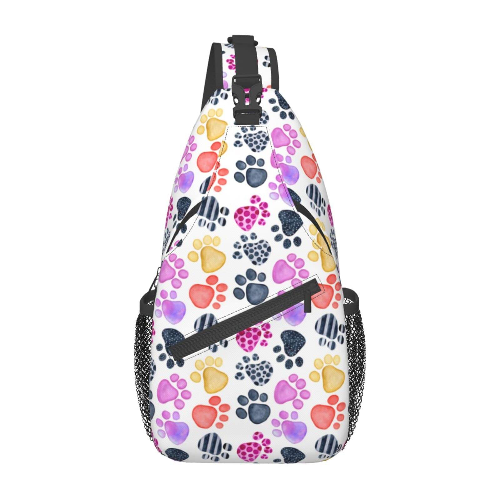 QISENTIS Paw Print Sling Bag Crossbody Backpack Seamless Pattern with Watercolor Animals Footprints Colored Dog Paw Print Travel Hiking Daypack Cute
