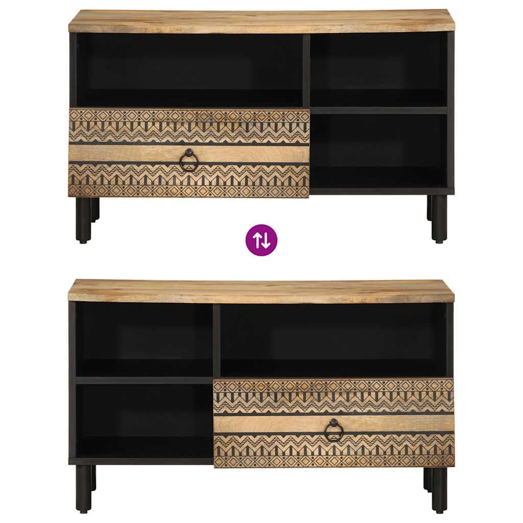 Mobile TV nero in legno di mango grezzo, 80 x 33,5 x 46 cm, con cassetto e scomparto, console multimediale bassa per soggiorno, home theatre gaming, rack HiFi con spazio e ripiano