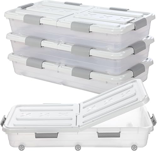 Contenedor de plástico para guardar debajo de la cama con tapa de doble apertura, mango de rueda, transparente, de gran capacidad, apilable, con