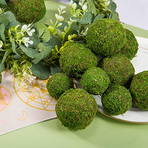 18 Pack Decorative Faux Dried Moss Balls- 6Pcs 3.1" Artificial Green Plant Mossy Globes+ 12Pcs 2.2" Handmade Sphere Moss Hanging Balls For Home Garden Decors Party Wedding Display Supplies Photo Props #TOP1