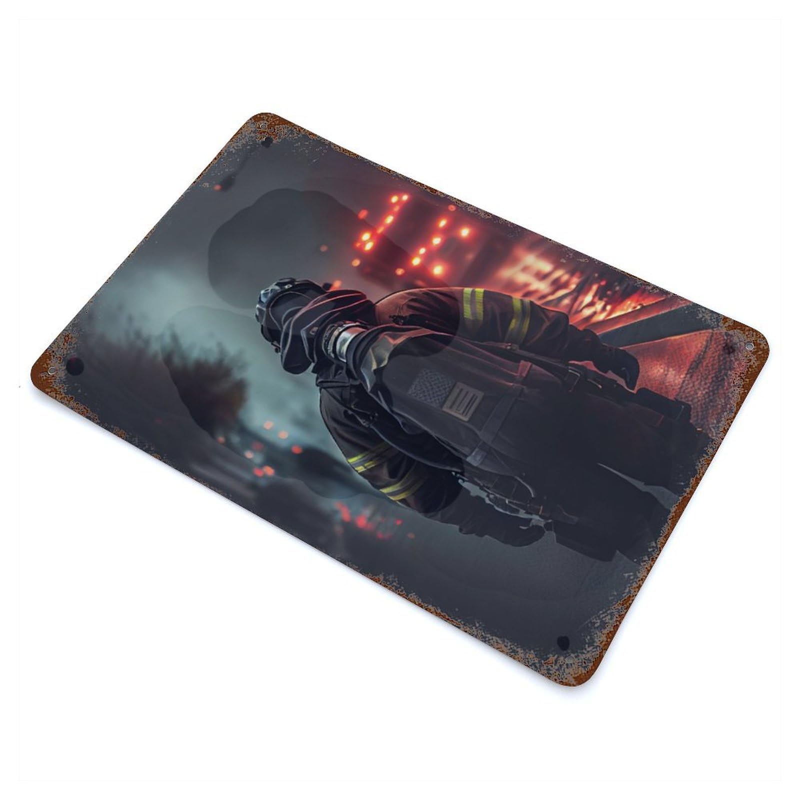 Firefighter Image Distressed Metal Wall Sign 11.8"x7.9", Industrial Home Decor for Garage, Pub Or Kitchen