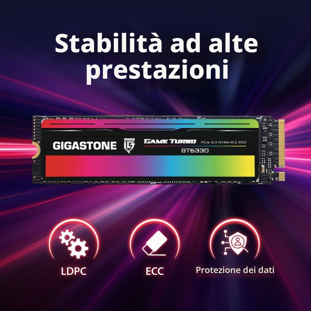 Gigastone SSD M.2 500GB NVMe PCIe Gen 3 SSD, fina a 3.000 MB/s Gaming Unit獺 Stato Solido interno Upgrade PC Laptop Risposta Rapida per Gamer Rendering 3D Editing Video 4K/8K Creatori PCIe 3.0