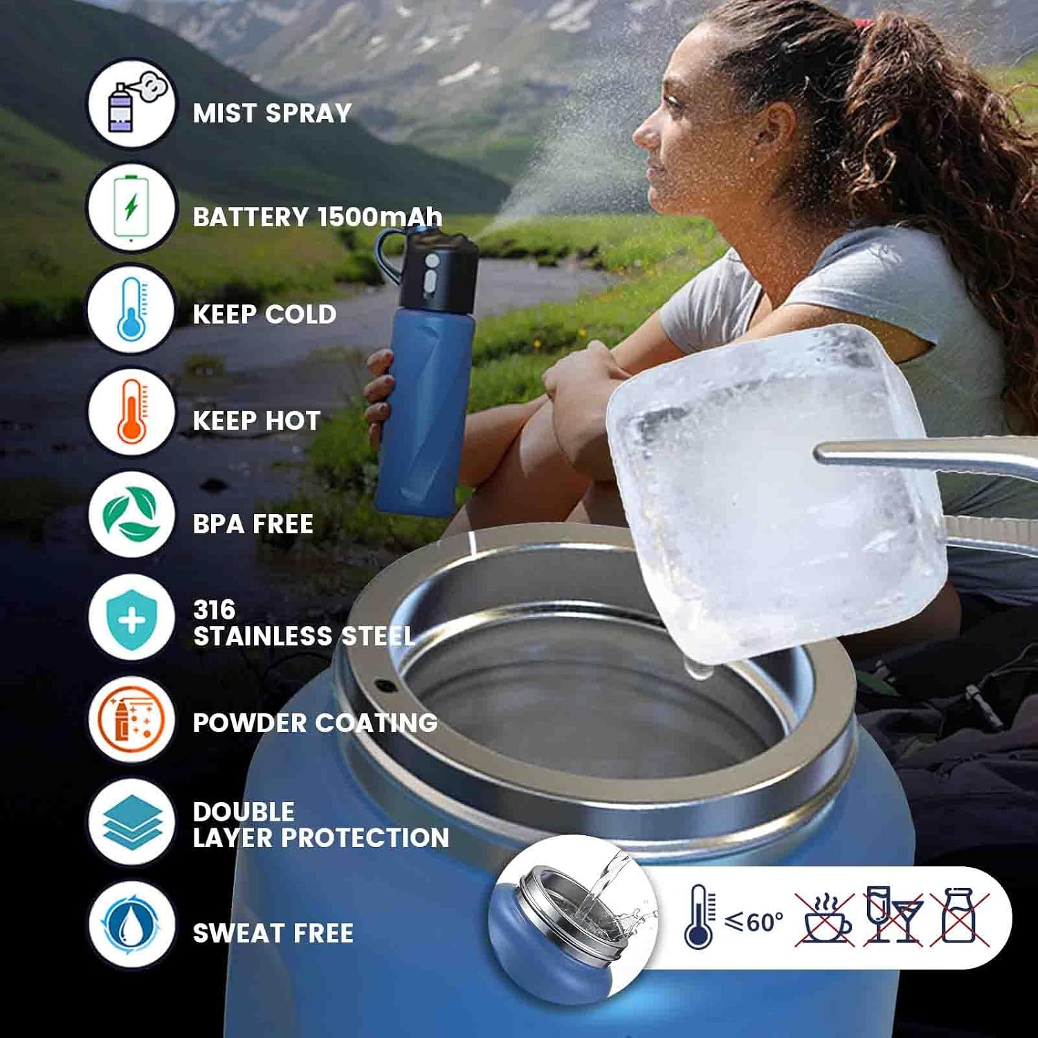 Fogland 2 IN 1 Water Bottle: Drinking & Misting, No Straw, BPA-Free, Leakproof, Works with Ice & Insulation (60°C Max),19OZ for Sports/Fitness/Outdoor (Blue)