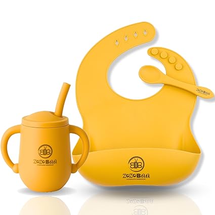 ZoZoBaa Small Silicone Baby Training Straw Cup with Baby Bib & Spoon Set| Shatterproof Feeding Set for Toddlers|3 in 1- Easy Grip Open Cup, Feeding & Sippy Cup for Kids 6 Month+, 1 Set, Mango Yellow