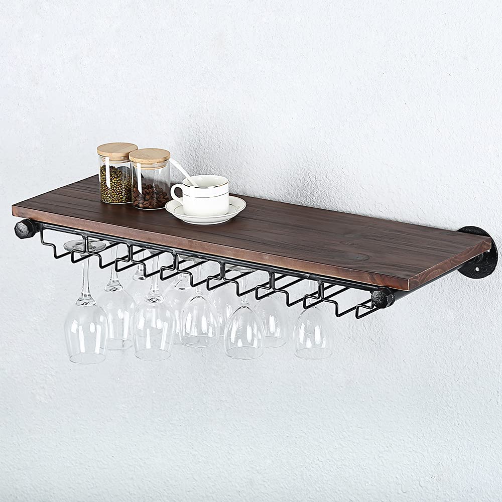 Industrial Pipe Shelving Hanging Stemware Racks,Rustic Wall Mounted Wine Rack with 7 Glass Holder,Steampunk Iron Floating Bar Shelves Stemware Holder,30in Metal Real Wood Shelf Wall Shelf