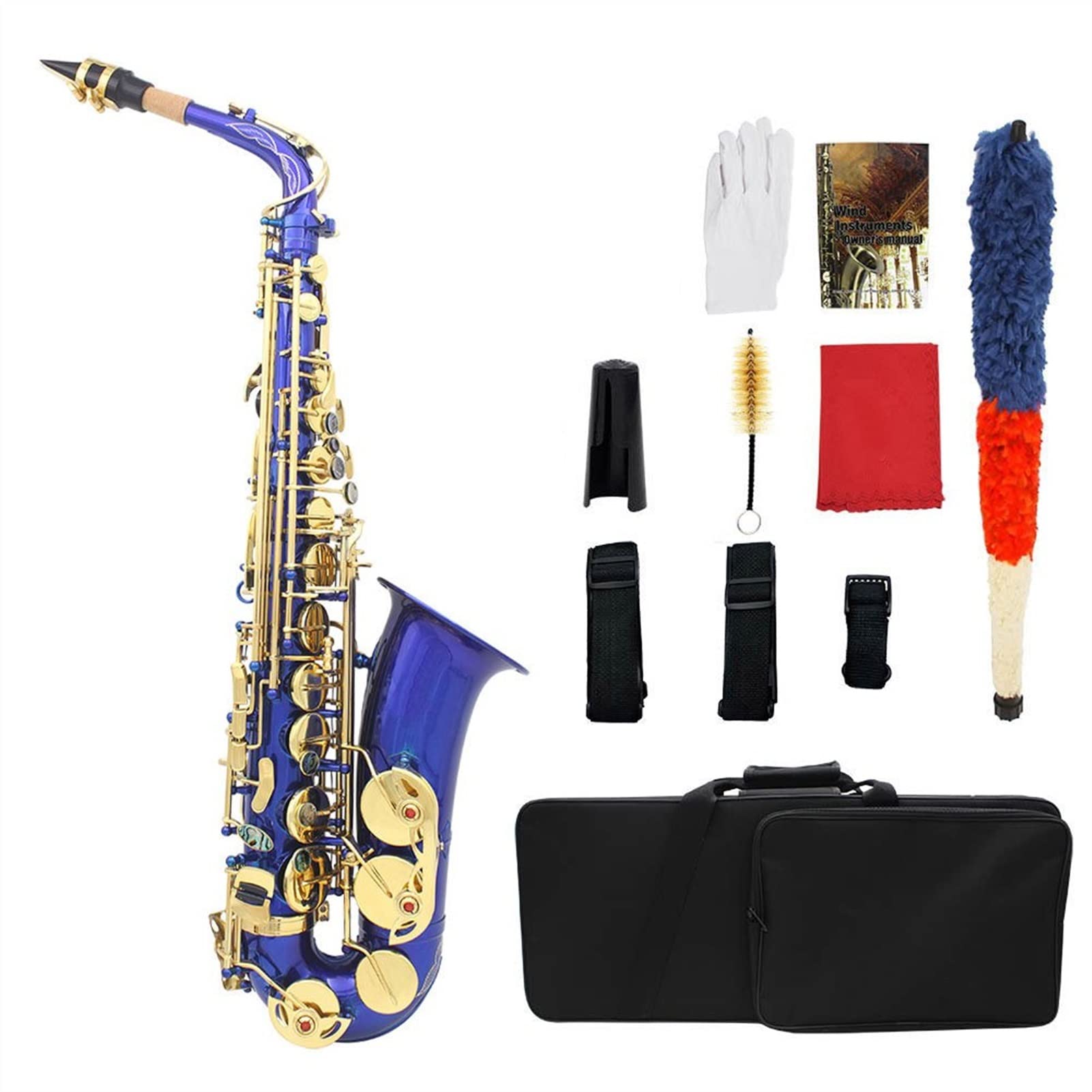 Brass Grabado E- Flat Alto Saxofón Saxe Abalone Botones de cáscara Instrumento de Viento con Guantes de Caja Limpieza de paños Cepillo de cinturón Saxofón Estudiante (Color : Blue)