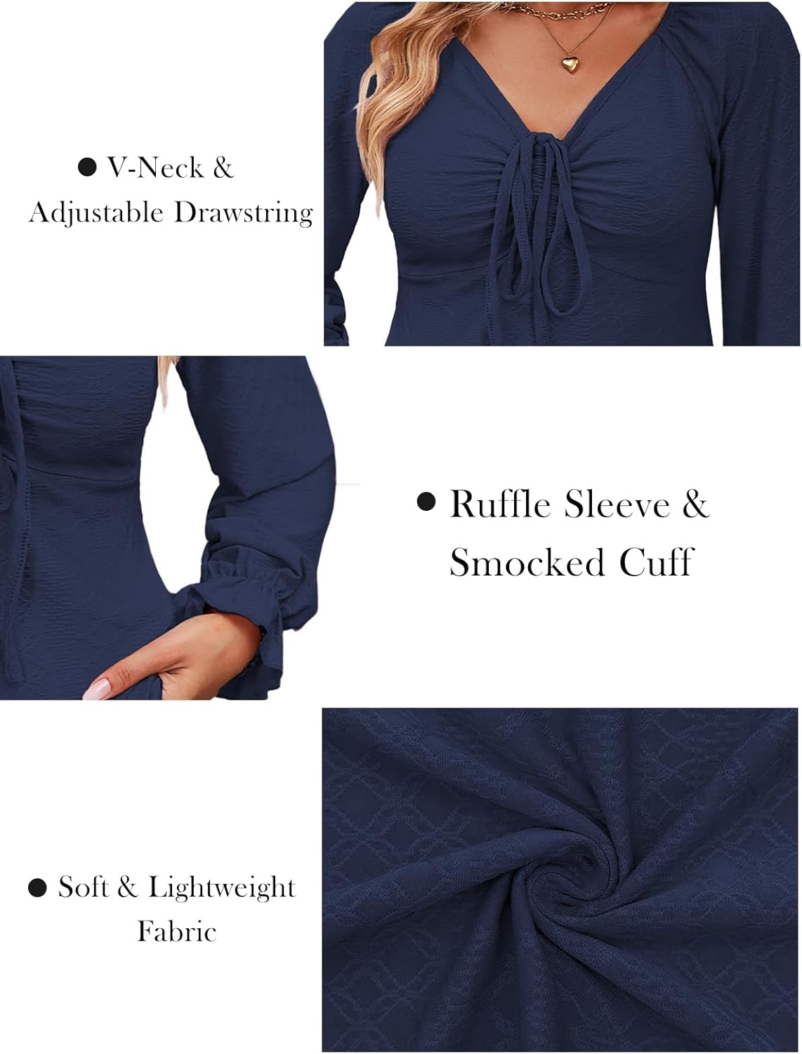 VISLILY Womens-Plus-Size-Tops Dressy V Neck Puff Ruffle Sleeve T Shirts Trendy Eyelet Blouses Casual Drawstring Loose Tunics - Image 4