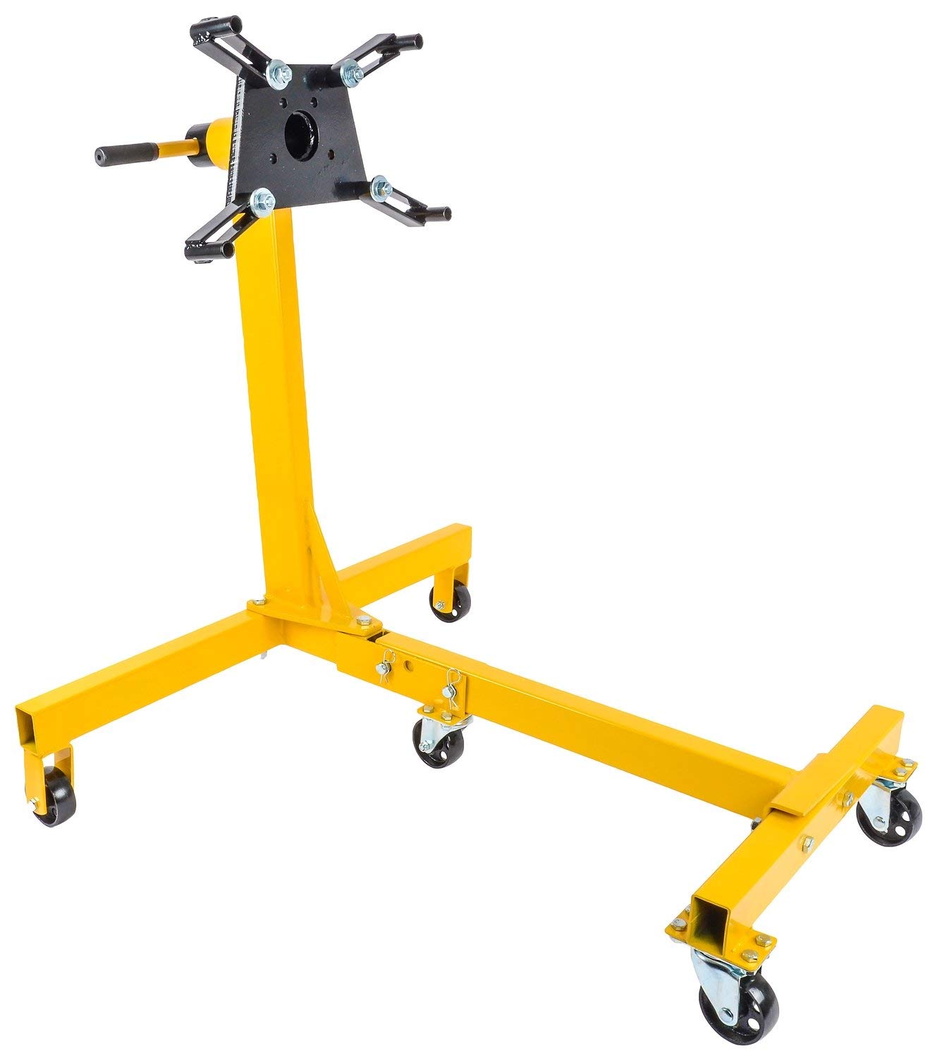 JEGS Folding Engine Stand | Yellow Finish | 1250 LBS Capacity | 360 Degree Adjustable Mounting Head | 5 Ball-Bearing Swivel Caster Wheels | Heavy-Duty Square Steel Frame