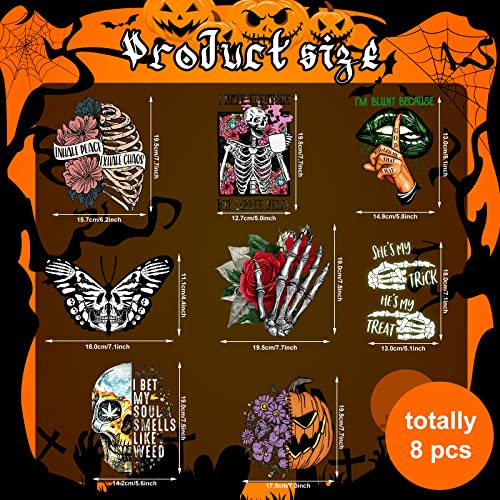 Halloween Iron On Patches For Clothing, Cysincos 8Pcs Luminous T Shirt Sticker Iron On Decal Butterfly Flower Pumpkin Ghost Skull Heat Transfer Sticker Iron On Transfer For T-Shirt Glow In The Dark #TOP4