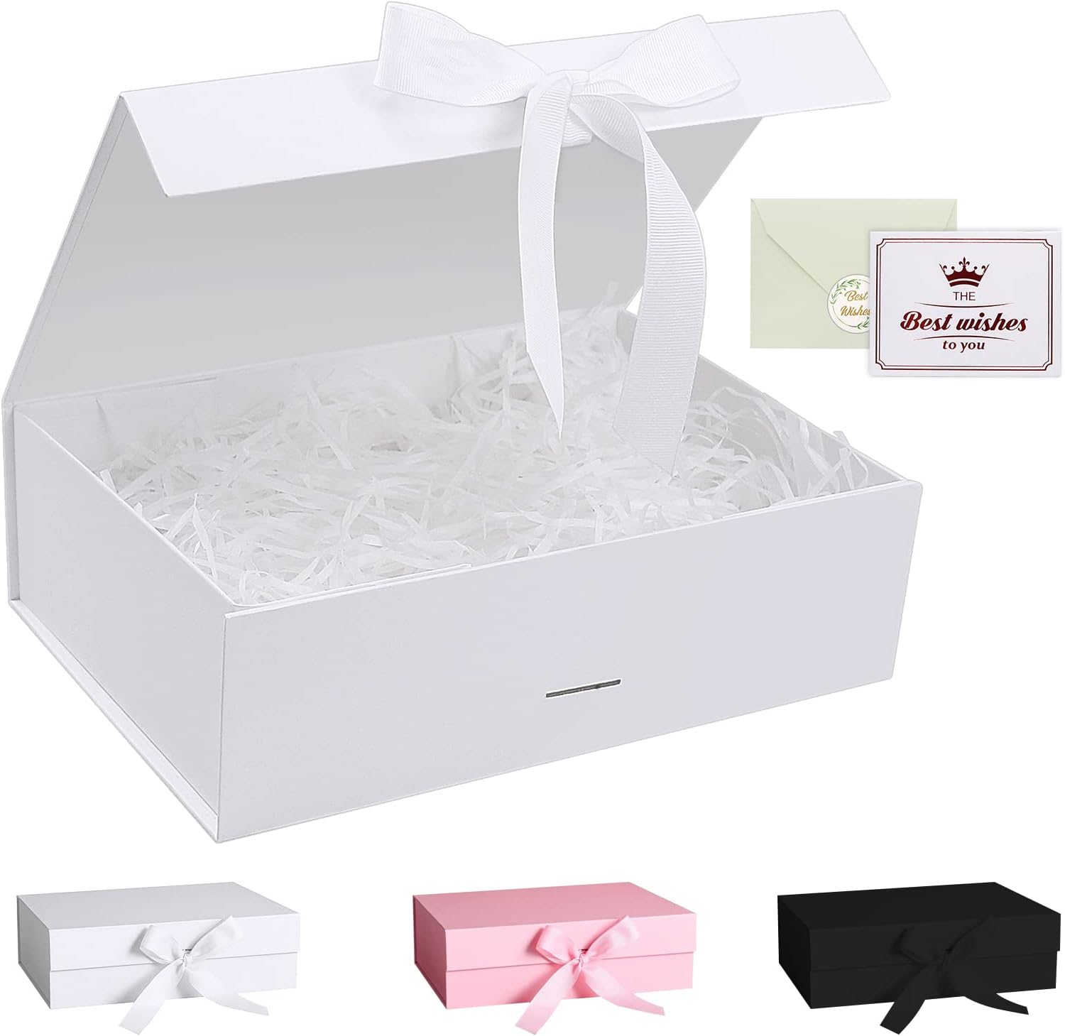 Gift Box, Luxury Magnetic Gift Box with Lid Ribbon Greeting Card Shredded Paper, Gift Packaging Box for Present Birthday Wedding Anniversary Festival (23×17×7cm, White)