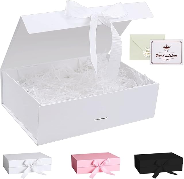 White Gift Box, Luxury Magnetic Gift Box with Lid Ribbon Greeting Card Shredded Paper, Gift Packaging Box for Present Birthday Wedding Anniversary Festival