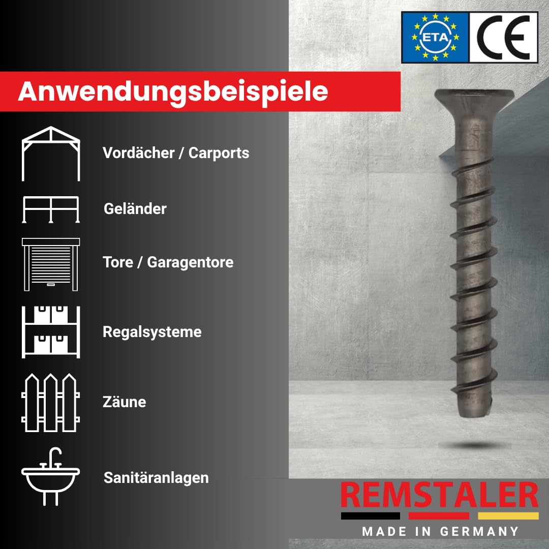 25x Remstaler BETONSCHRAUBE Senkkopf mit Torx-Antrieb | EDELSTAHL A4 | Ø6 - Ø10 | ETA Zulassung | made in GERMANY | Betonschrauben (6x85)