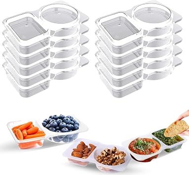 Reusable Snack Pack Containers - Double Compartment Snack Containers, Portable Thickened and Reusable Snacks Packs, 2 Compartment Hinged Lid Clear Plastic Portion Cups 10pack