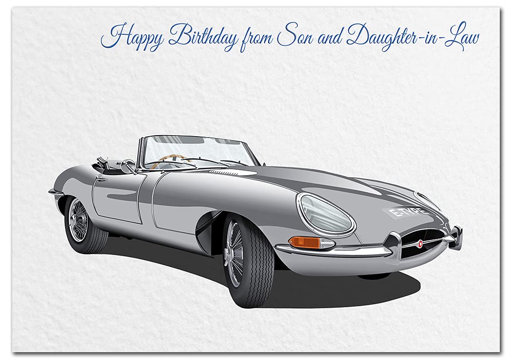 Extra Large Son and Daughter-in-Law Birthday Card - XL Big thick A4 size - Special Traditional Bday Greeting Men Him - Unusual Cool Classic E-Type Jag Car Driver Art - Huge Happy Wishes - Eco-Friendly