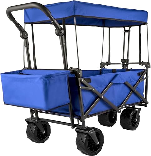 Carrito de jardín plegable con toldo y almacenamiento trasero, color azul, ideal para acampar, comestibles y compras