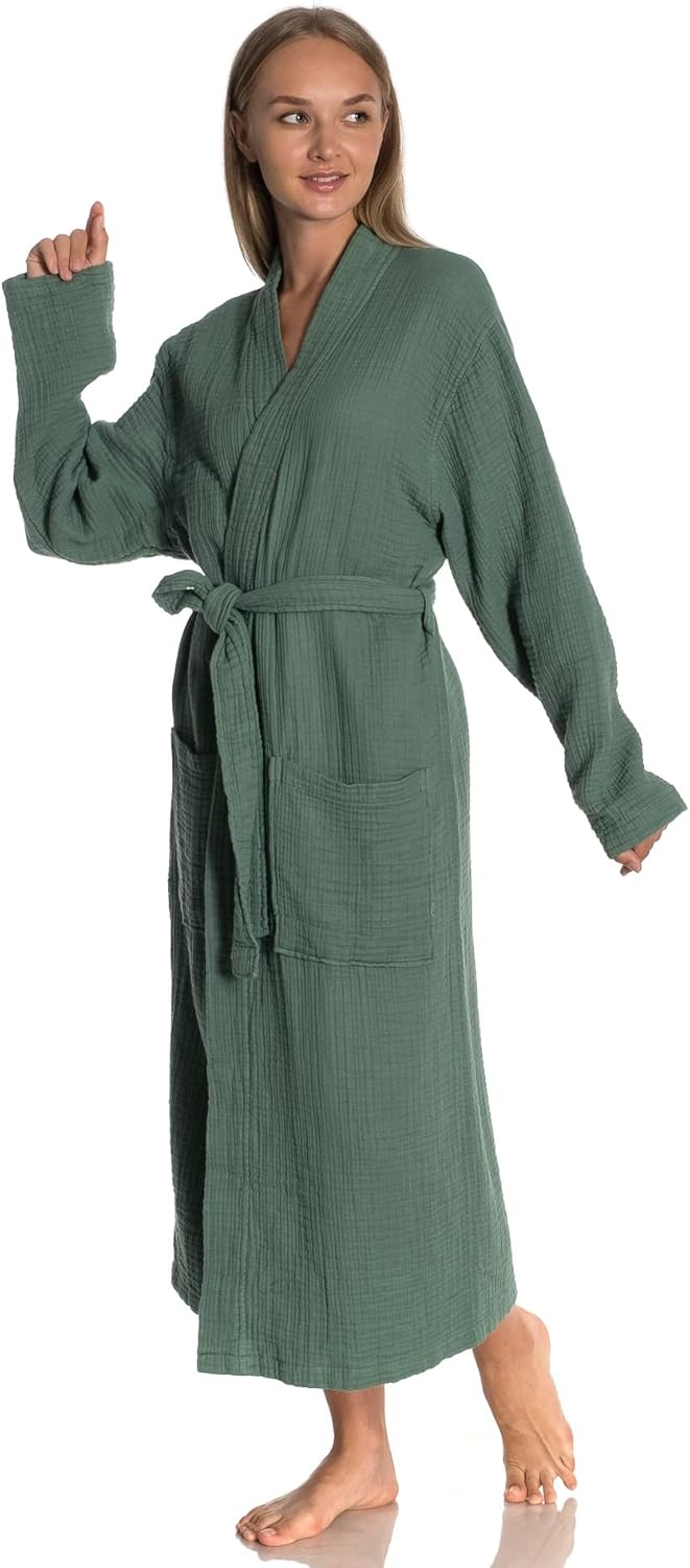 Muslin Unisex Bathrobe Women & Men, 100% Cotton Kimono Lightweight Robe | Long Robes Soft, Absorbent, Spa robes