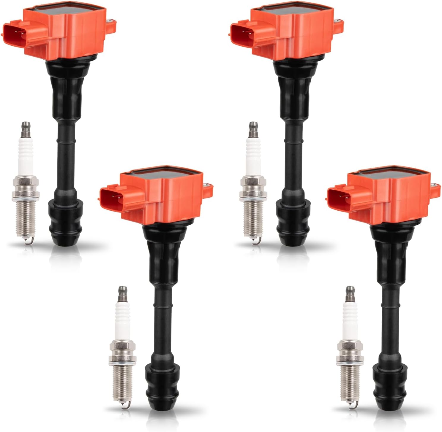 ENA Set of 4 Red Ignition Coils & Platinum Spark Plugs Pack 2.5 L4 Compatible with Nissan 2002 2003 2004 2005 2006 Sentra Altima 2.5L 2005 2006 XTrail Coils Plugs Replacement for UF350 224488H310 6240