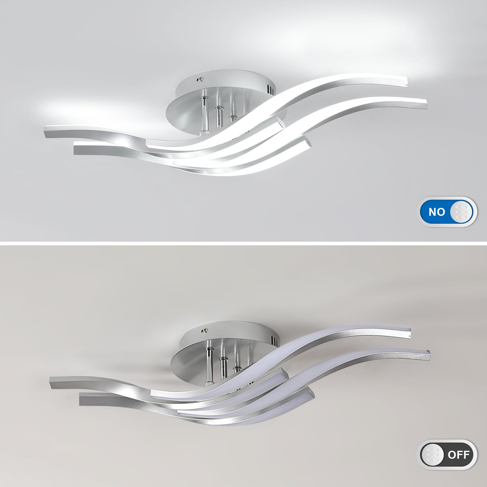 Dorlink Plafoniera LED Soffitto Moderna, 32W 2880LM Lampadario LED Camera da Letto, 6500K Bianco Freddo Lampadari Cucina, 4 Luci Plafoniera Onde Curve Argento, Lampadario Soggiorno, Ø60CM