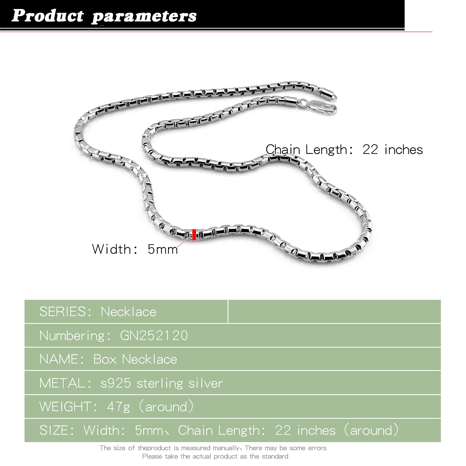 Dankadi - Collar fino (5 mm, en forma de caja de 925, 18 a 26 pulgadas, cadena cuadrada, redonda, caja de cadenas, briolette veneciano Rolo Fine Design italiano, 46 cm – 66 cm, regalo de joyería para