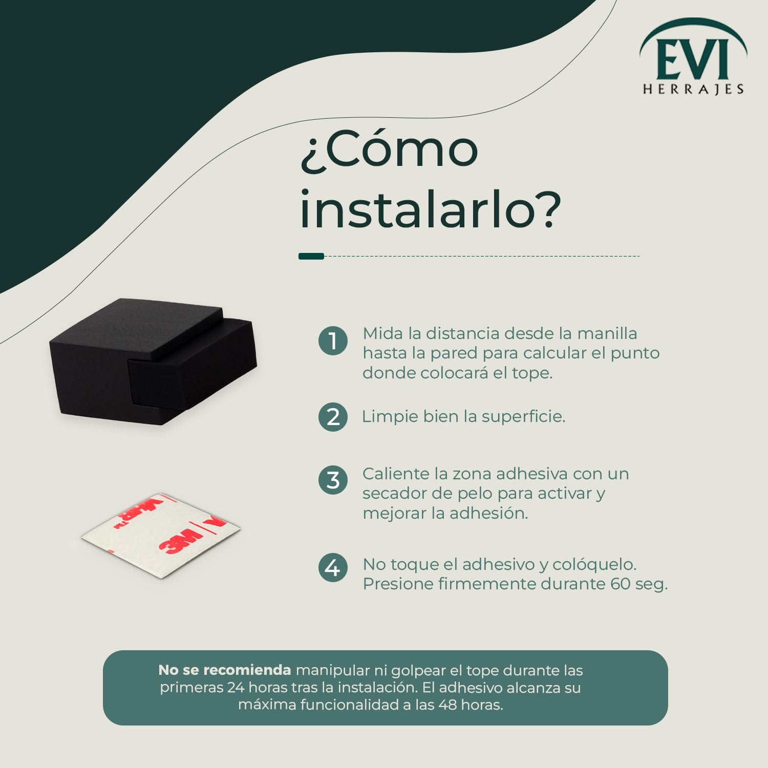 EVI Herrajes | Tope para Puerta de Suelo - Diseño Cuadrado | 20x14mm | Acero - Lacado Negro | Montaje Adhesivo| I-197/14