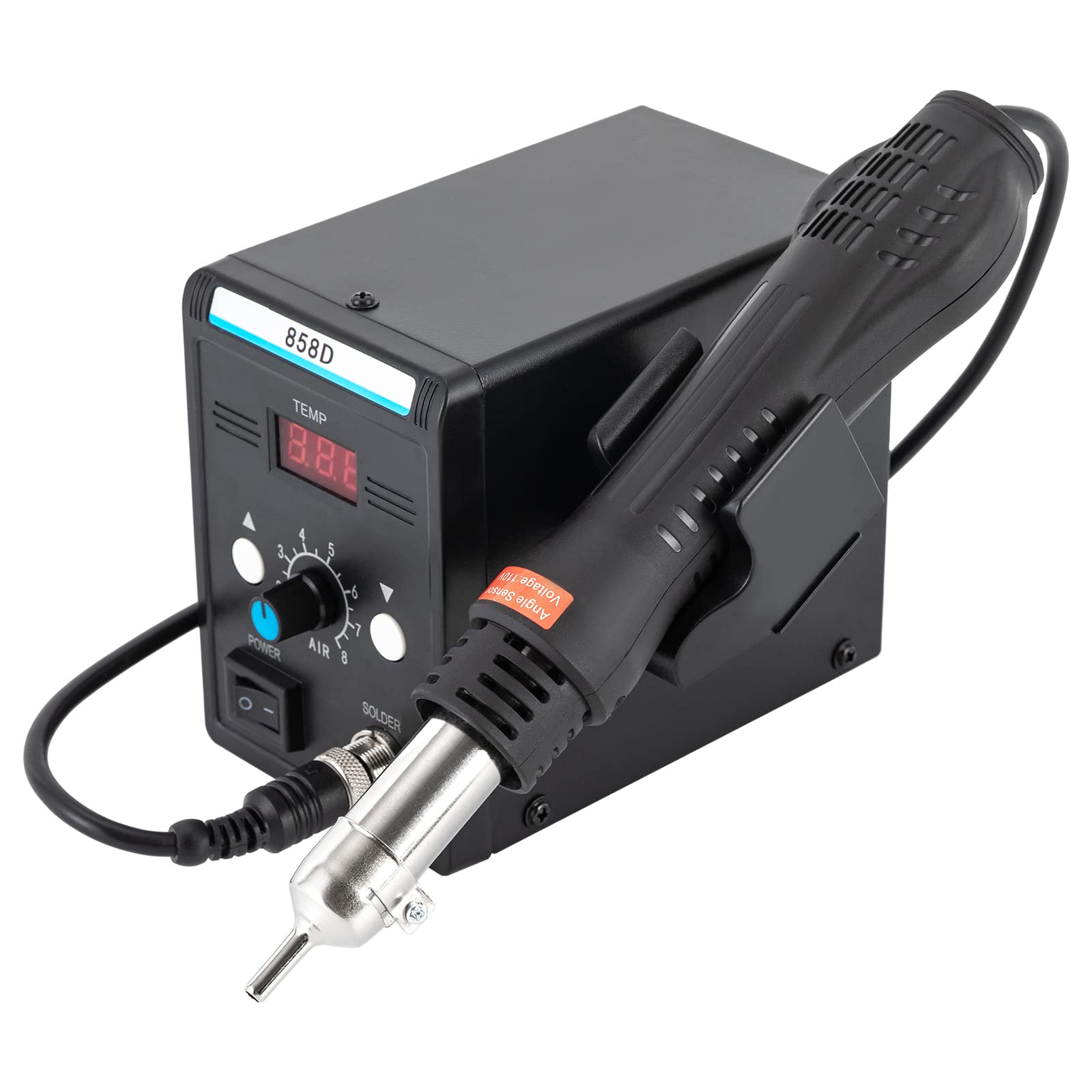 Stazione di rielaborazione ad aria calda 858D con pistola ad aria calda e 3 ugelli, riparazione SMD, precisa e veloce, indicatore LED, compatta per officina e hobby