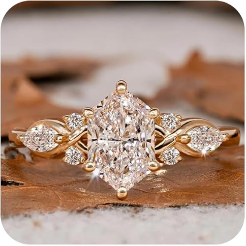 14K Gold Plated Marquise Cut Engagement Ring for Women, Wedding Promise Cubic Zirconia CZ Band Simulated Diamond Rings for Women's Size 8#