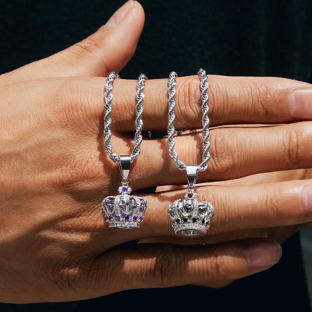 HELLOICE Iced Out King Crown Pendant for Women Men 5A Cubic Zirconia Crown Dainty Simple Necklace with 3mm 24inches Rope Chain Luck Jewelry for Birthday Gift