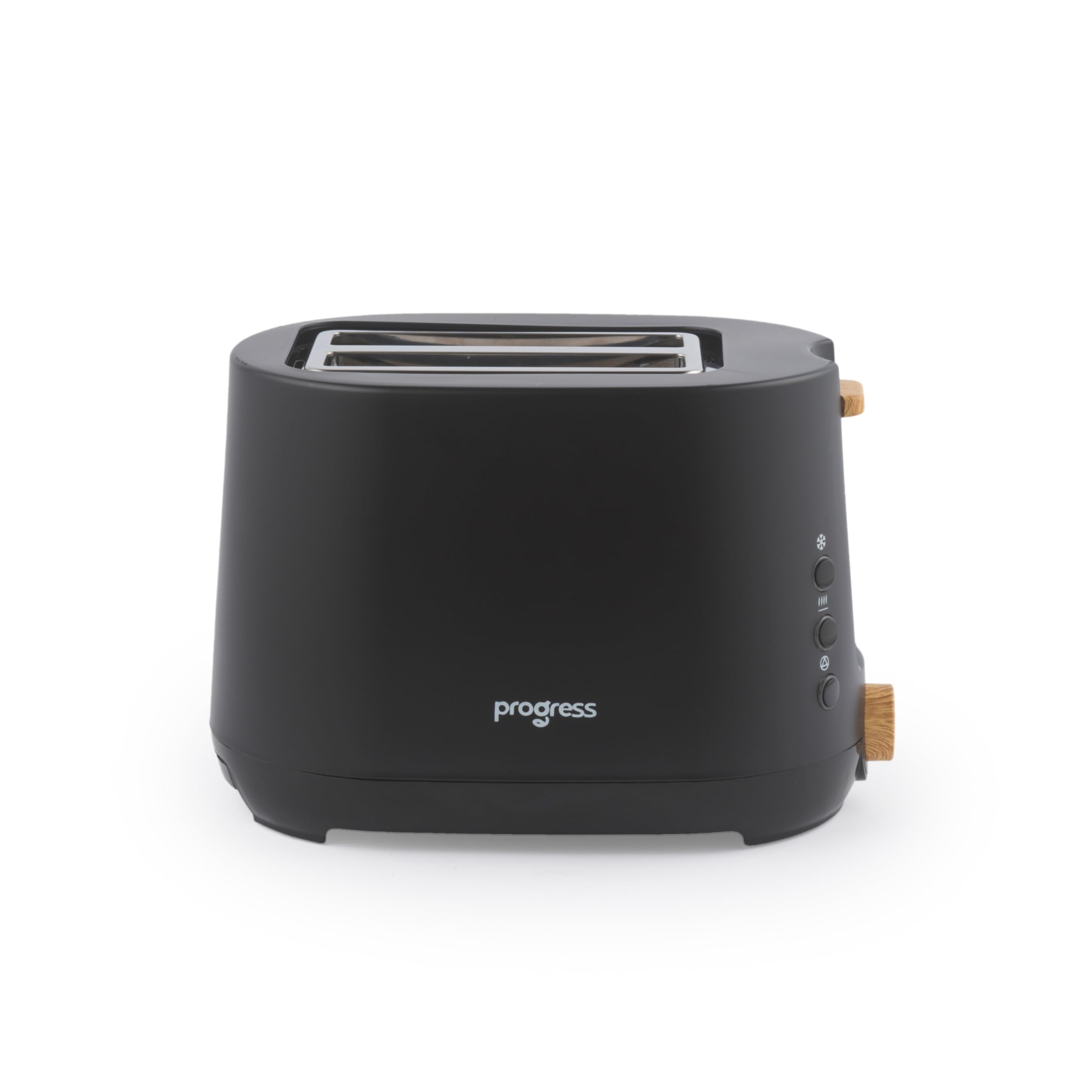 Progress Skara 2-Slice Toaster - Defrost, Reheat, Cancel Functions, 6 Browning Levels, Removable Crumb Tray, Bagels, Crumpets, Sourdough, Blue LED Illumination, Matt Black & Wooden Accents, 750W