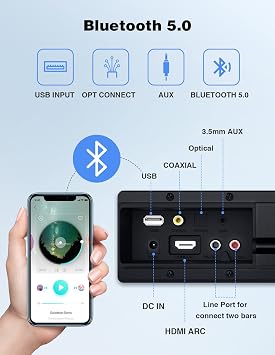 Puxinat 2 in 1 Separable Sound Bar for Smart TV, 2.2 Channel 32Inch Bluetooth 5.0 TV Speaker for Surround Sound System, Built-in Dual Subwoofer, Bass Adjustable, Remote Control Included(Sound Bar)