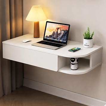 JSWHYBD Wall-Mounted Floating Desk with Drawers, Solid Wood Hanging Console Table with Storage for Living Room, Bedroom, Study and Small Spaces White - A 80cm/31.5in