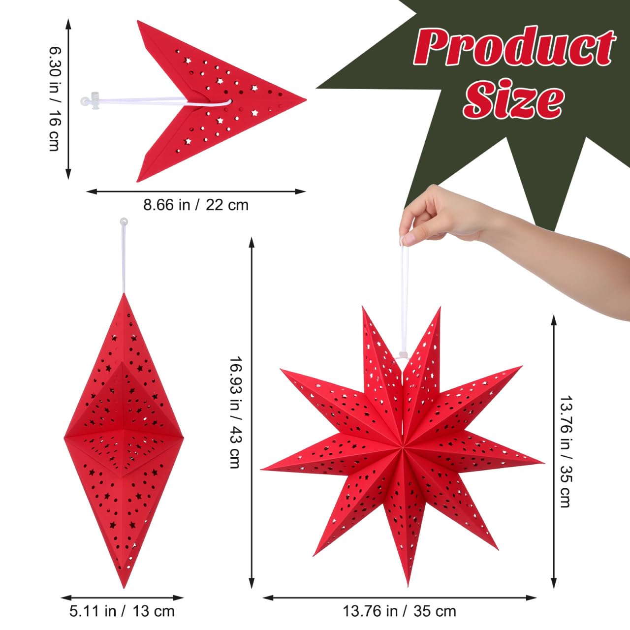 TOVINANNA 3-Pack Christmas Paper Star Lantern Covers - Nine Pointed Star Lampshades For Ceiling Hanging