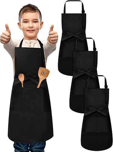 3 delantales negros para niños, delantales ajustables de algodón con 2 bolsillos, delantales de chef para niños, para cocinar, hornear, pintar,