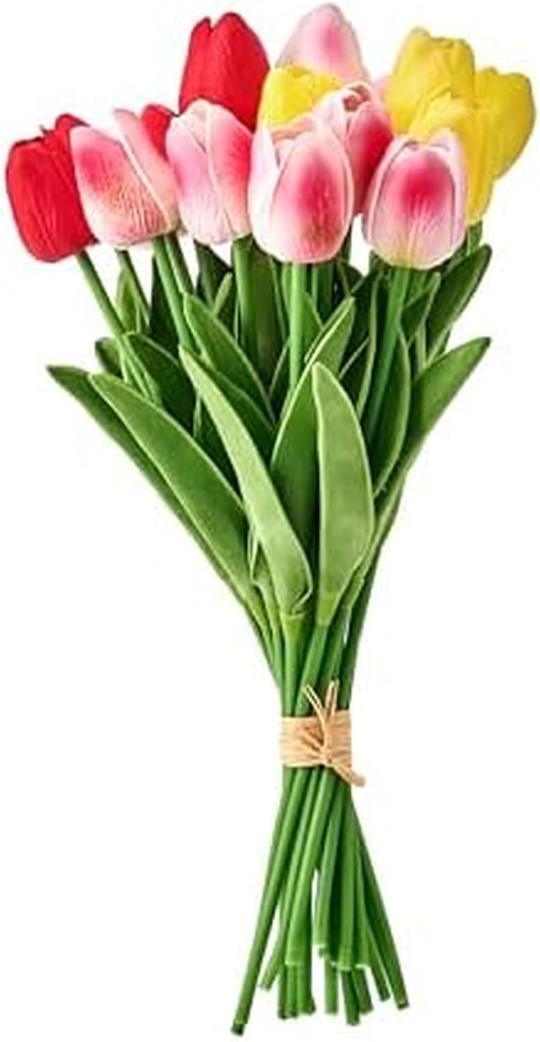 Mikasa Elements Artificial Tulip Bouquet - 13 Inch Faux Flowers Mixed Colors, Realistic Touch Plastic Stems for Home Decor, Vase Arrangements, Room Decor, and Table Centerpieces
