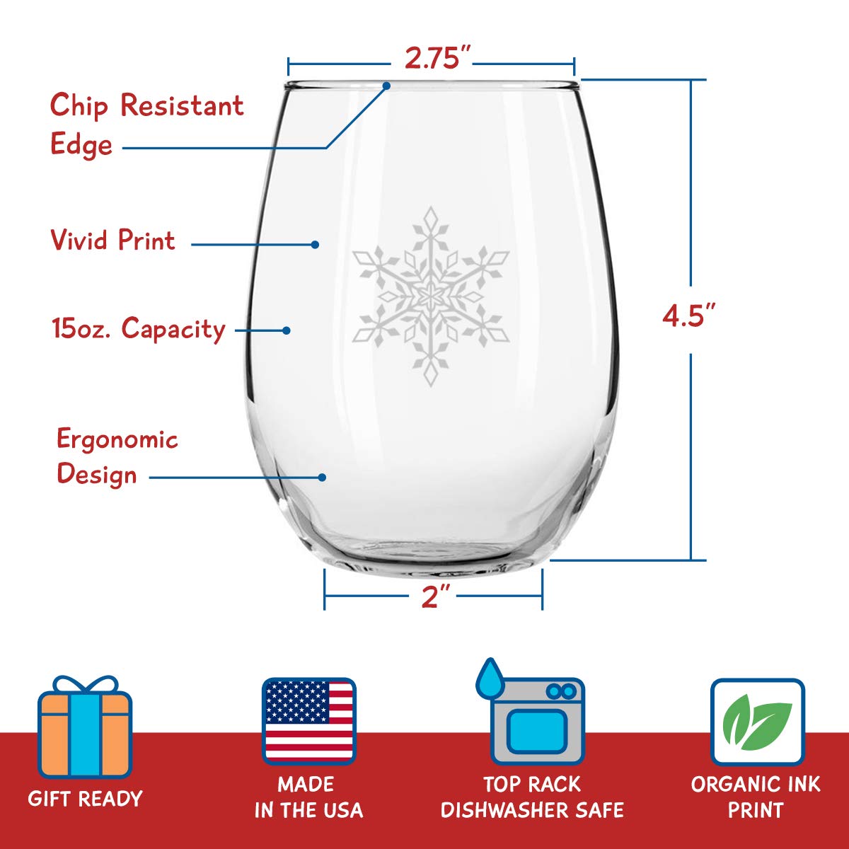 Snowflakes Christmas Stemless Wine Glass (Set of 4) - 15 oz - 4 Unique Designs- Cheerful Holiday Party Cups- Elegant Gift Exchange Idea for the Christmas Holiday Season