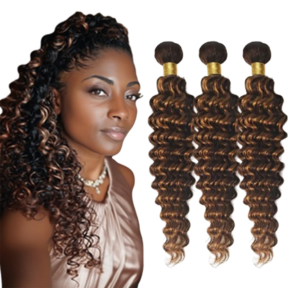 BilltiiWW Highlight P1B30 Deep Wave Bundles #1B Mixed With #30 Loose Deep Bundles two tone Brazilian Hair Wavy Weave With Soft and Silky for Women 10 12 14 Inch