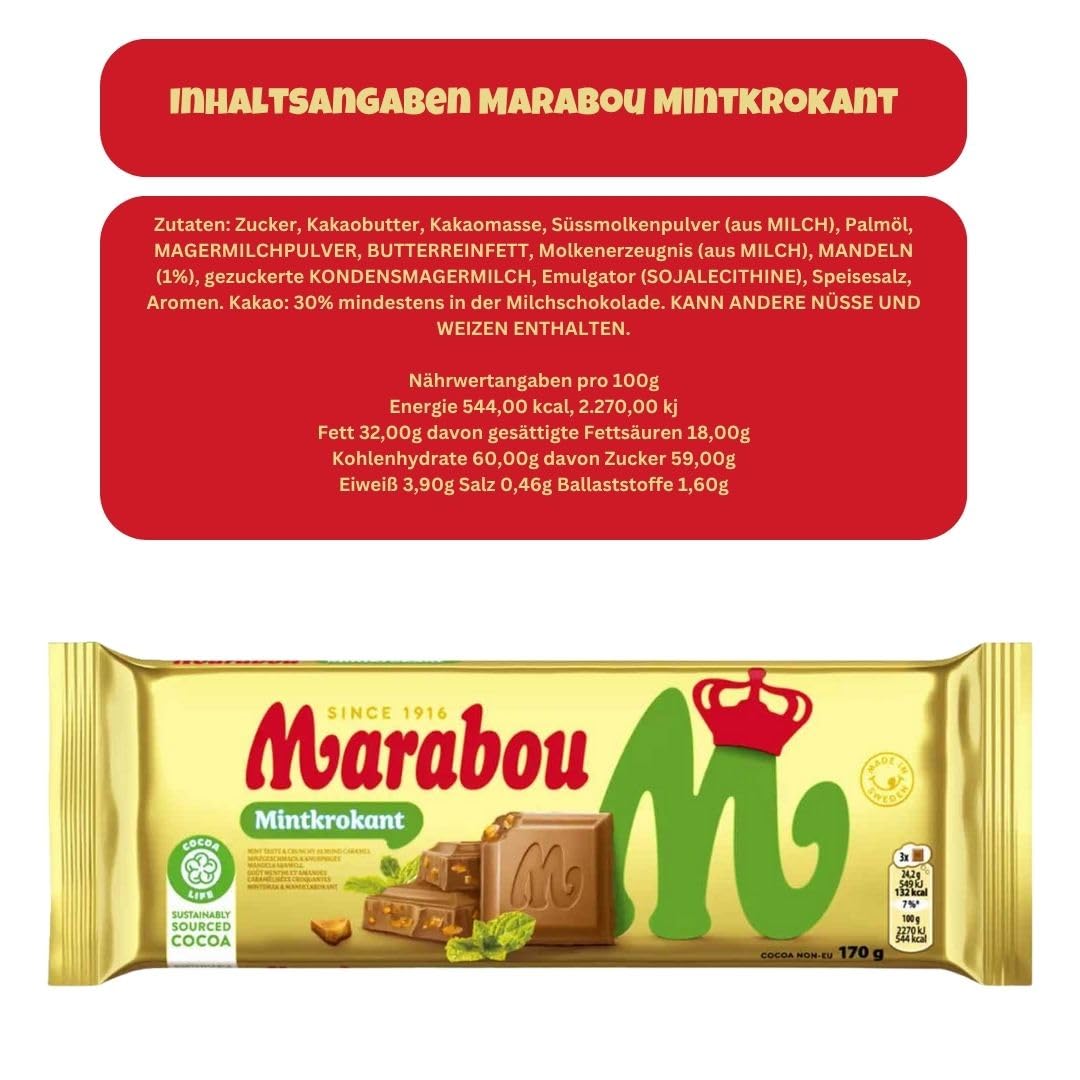 Marabou Mintkrokant 10×170 g (insg. 1,70 kg) | Milchschokolade mit Minz-Krokant | Großpackung für Büro, Events & Handel | Schwedische Marke