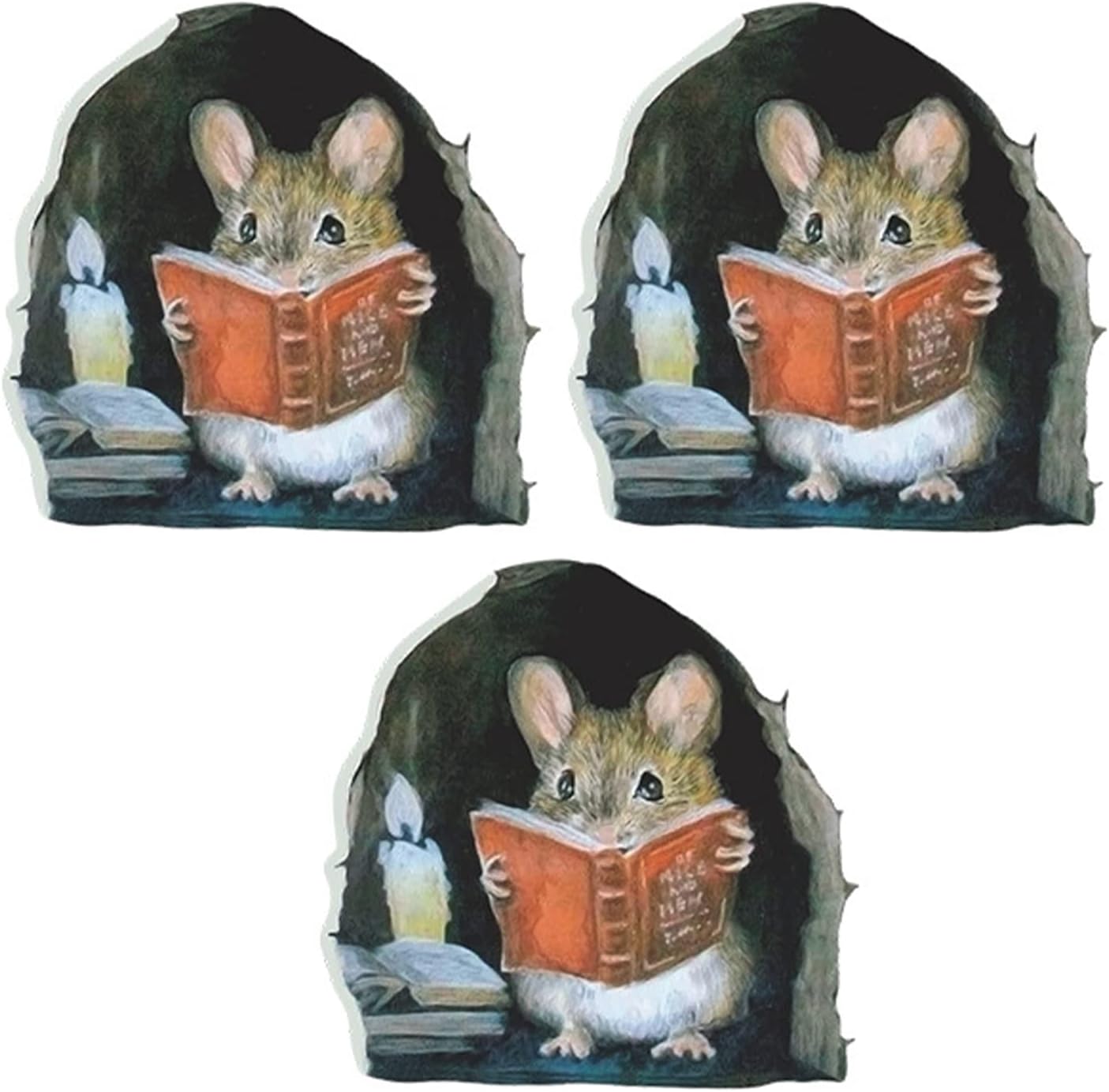 Walbest 3D Mouse Hole Wall Stickers 3Pcs Mouse Reading Book in Wall Decals - Water Proof Funny Wall Stickers for Bedroom Nursery Wall Decor(Mouse Color Upgrade)